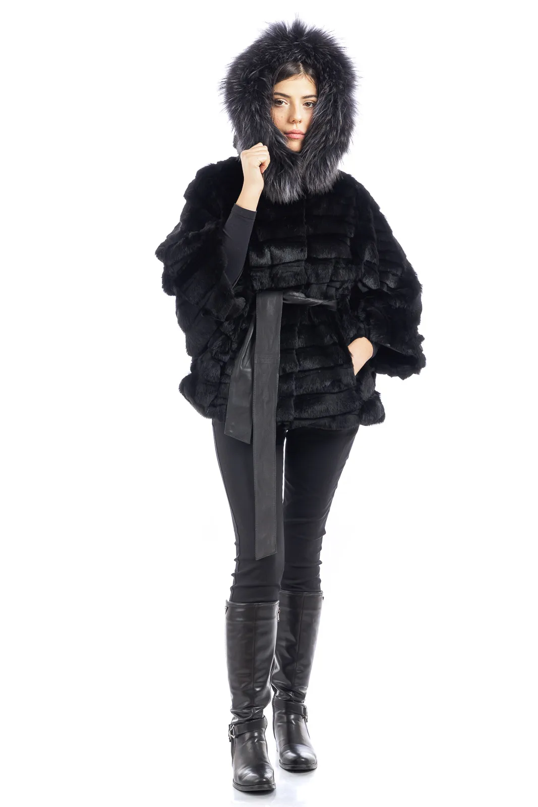 Black lapin cape with knotted leather belt