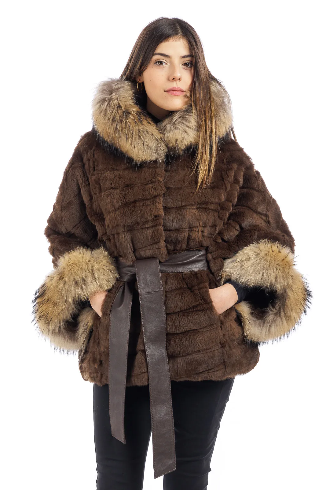 Brown lapin cape with knotted leather belt