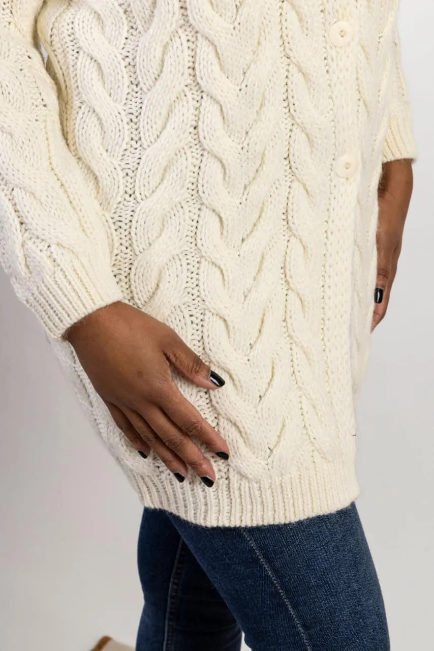 Cappotto in lana da donna lavorato a trecce con collo a scialle – Cappotto trecce sciallato
